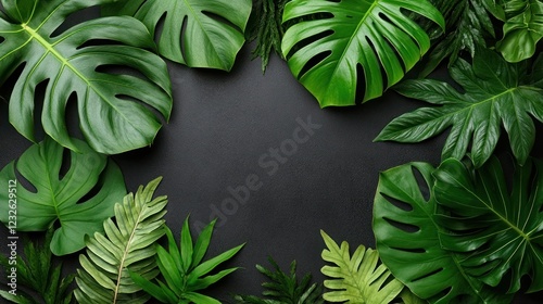 Tropical leaves frame, dark background, design element