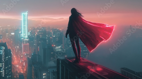 Silhouette of a Supergirl at Dusk, overlooking a futuristic cityscape, neon glow emanating from her cape