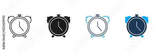 Traditional Alarm Clock Line and Silhouette Icon Set. Morning Wake Up Timer Symbol. Classic Alarm Clock, Time Reminder. Timekeeping and Wake Up Device. Editable Stroke. Isolated Vector Illustration