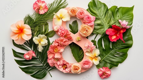 Floral Number Eight Arrangement. Number eight with pink flowers and green leaves. Ideal for festive event designs.