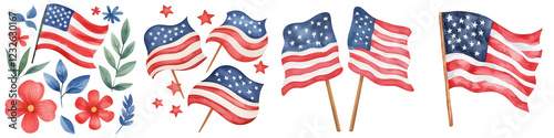 Memorial day element, Patriotic American flags with flowers for Memorial Day decor, isolated on transparent background.
