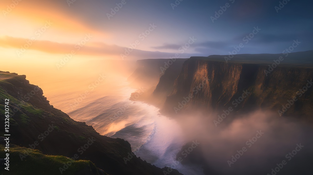 Fototapeta premium Stunning coastal cliffs with crashing waves under a dramatic sunset sky.