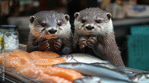 Two Otters Selecting Fresh Fish Market Wildlife Photography Urban Setting Close-up Otters Holding Paws photo