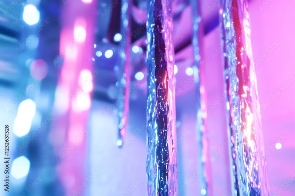 Neon-lit icicles dripping, bokeh background; abstract art Neon-lit icicles dripping, bokeh background; abstract art