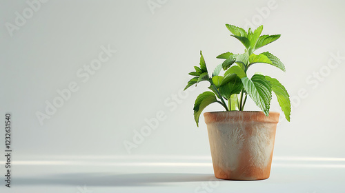 A fresh mint plant with bright green leaves, in a small clay pot, on a white background