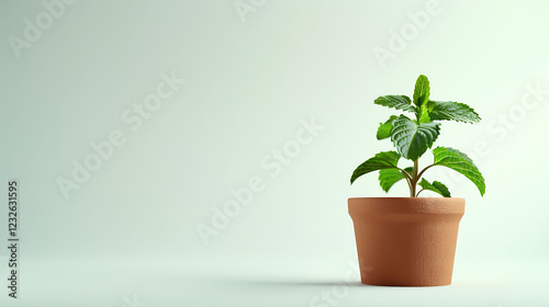 A fresh mint plant with bright green leaves, in a small clay pot, on a white background