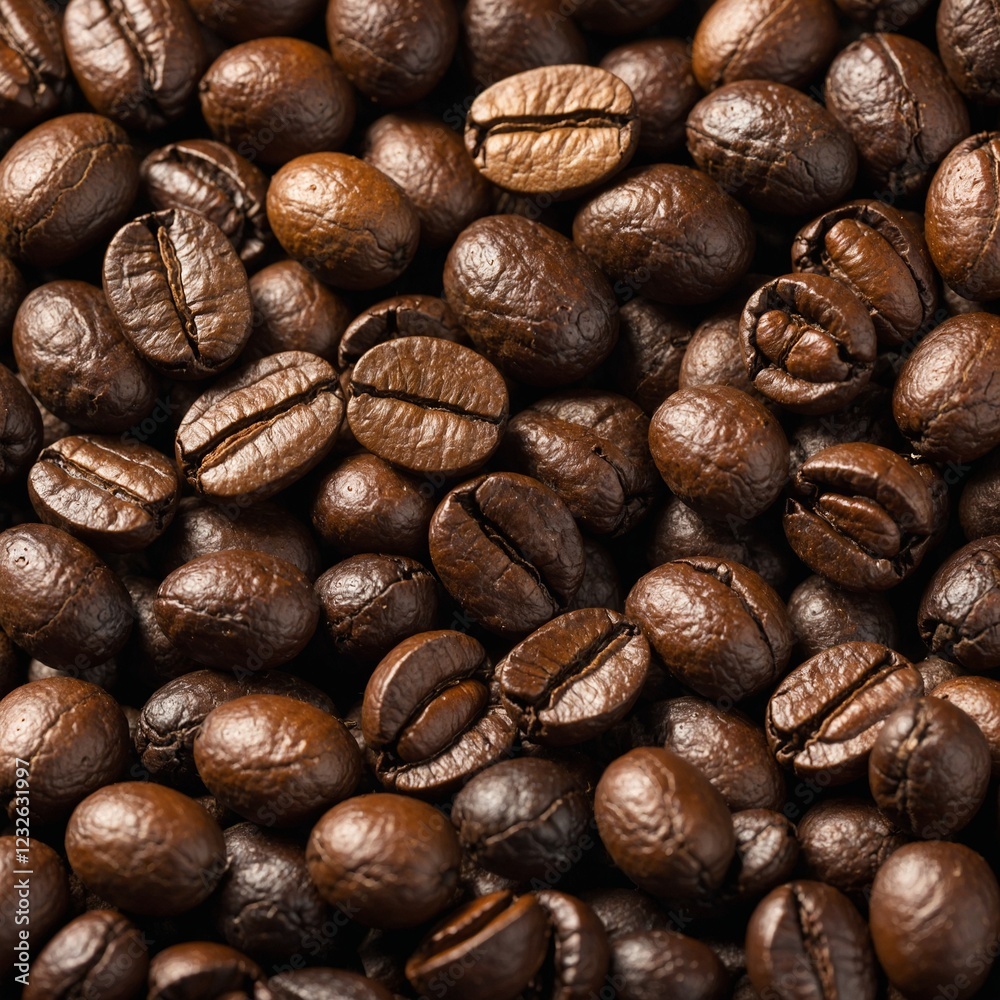 Naklejka premium A close-up of coffee beans scattered on a white background.