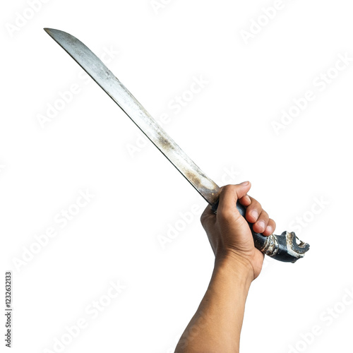 Hand Holding a Traditional Machete Raised Against a Transparent Background