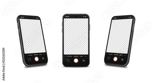 Realistic smartphone with camera app turned on, vector illustration.