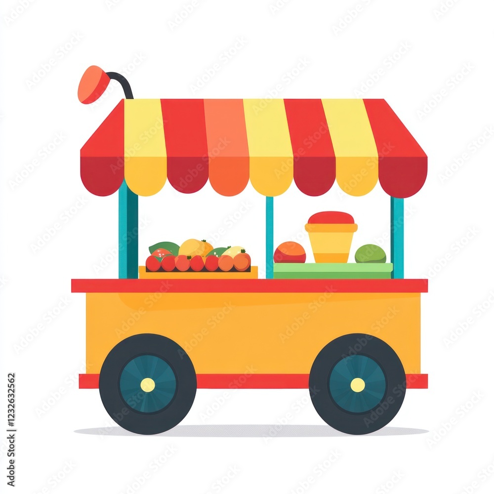 Naklejka premium Colorful fruit cart stand, displaying produce, sunny day, illustration, stock photo
