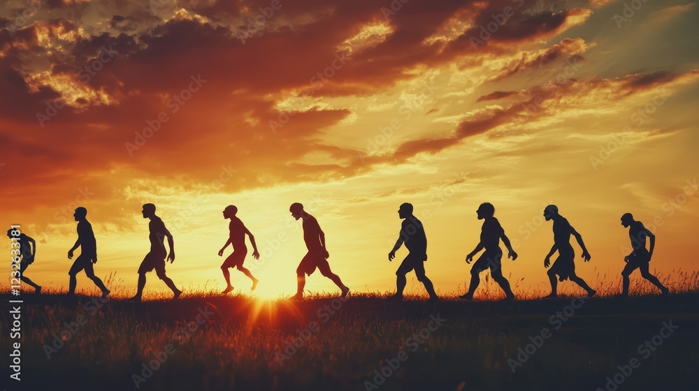 A series of human silhouettes evolving from early hominids to modern humans, creating a timeline of human development in an artistic way. A series of human silhouettes evolving from early hominids to modern humans, creating a timeline of human development in an artistic way.
