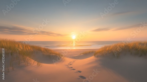 Fototapeta Naklejka Na Ścianę i Meble -  Serene beach scene at sunset with footprints leading towards the ocean and gentle dunes.