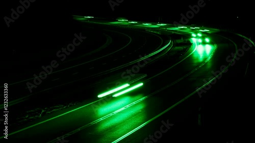 green car lights at night. long exposure
