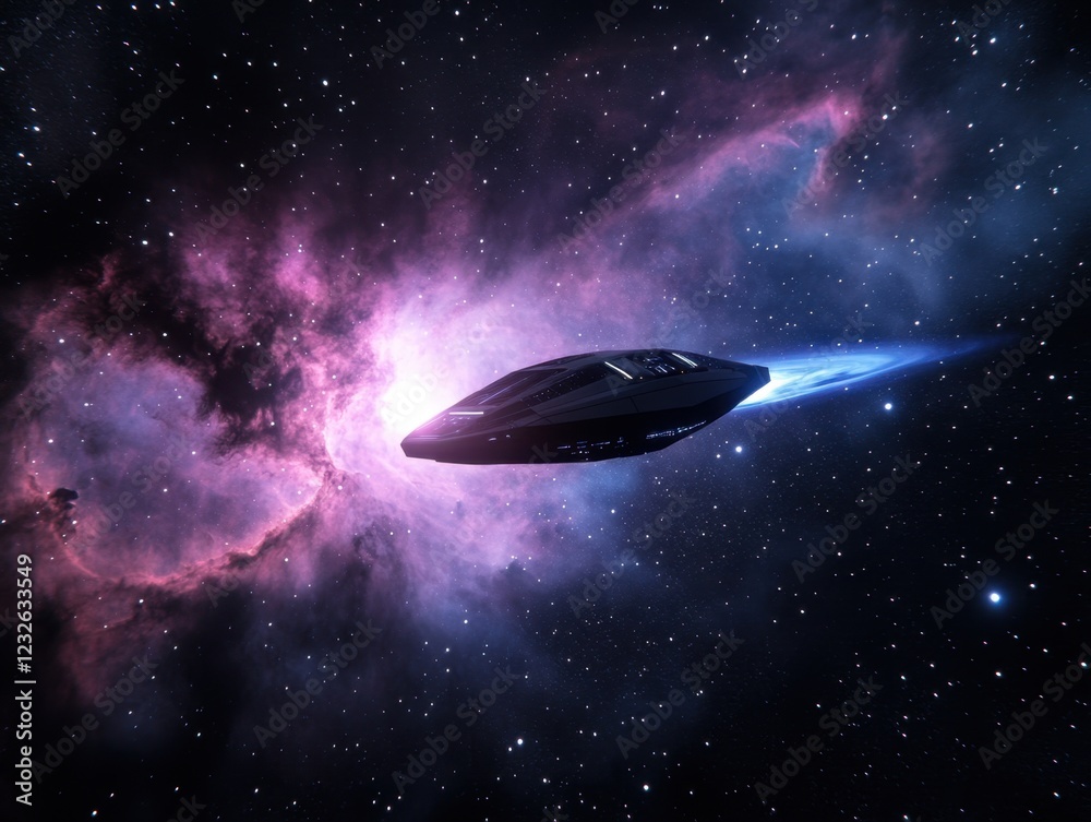 Fototapeta premium Futuristic spaceship traveling through colorful cosmic nebula space