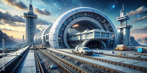 Fototapeta Naklejka Na Ścianę i Meble -  Futuristic Space Station Under Construction , building, tunnel background,  building