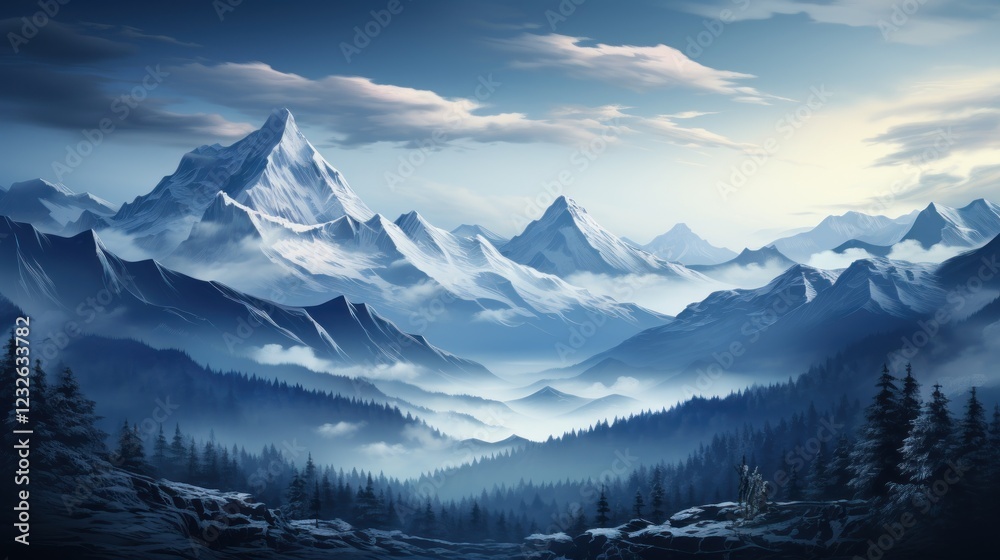 Majestic snowy mountain range sunrise, misty valley, pine forest, scenic landscape, travel poster Majestic snowy mountain range sunrise, misty valley, pine forest, scenic landscape, travel poster
