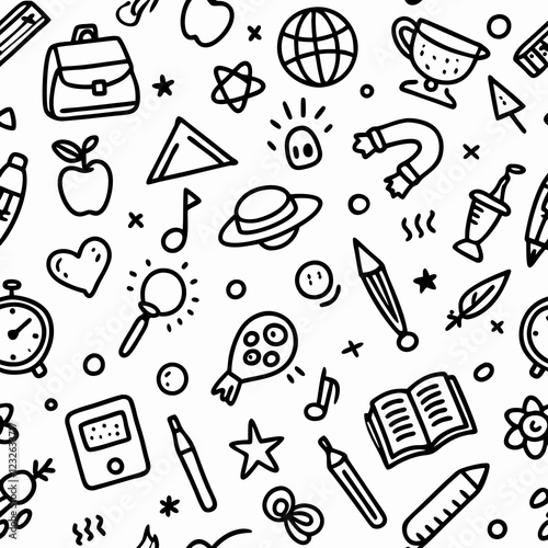 Seamless doodle pattern; school, science, learning; white background; educational designs