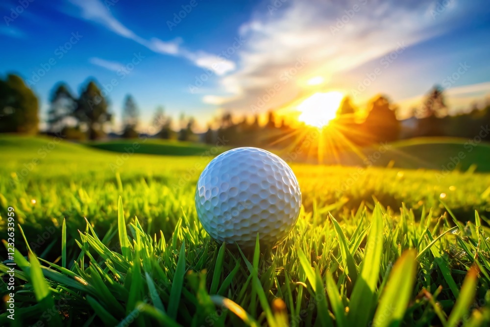 Panoramic Golf Ball on Lush Green Grass - Perfect Putting Green Stock Photo Panoramic Golf Ball on Lush Green Grass - Perfect Putting Green Stock Photo