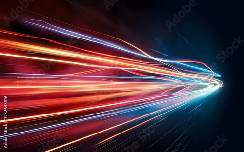 Abstract Light Trails: A mesmerizing abstract image capturing the dynamic movement of light trails, streaks of red, blue, and orange converge and diverge, creating a sense of speed, energy.
