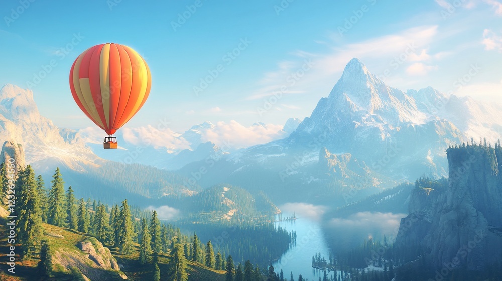 Fototapeta premium Hot air balloon alpine sunrise flight, majestic mountains, lake