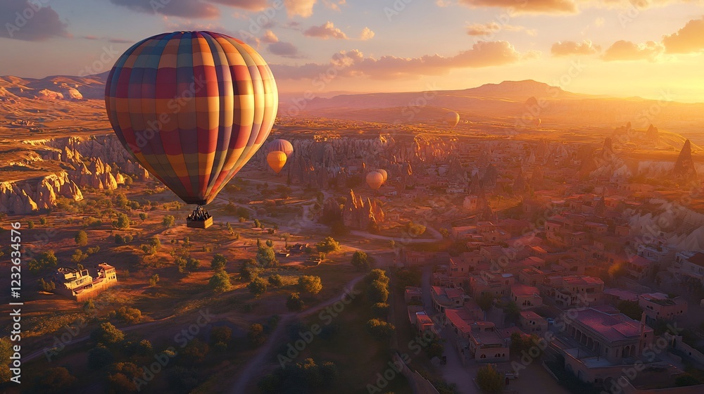Obraz premium Hot air balloon sunset flight over Cappadocia, Turkey