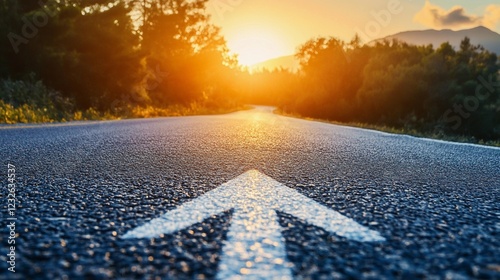 Scenic sunrise on a winding road with a painted arrow pointing forward, symbolizing direction, opportunity, and the journey ahead