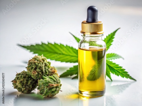 Panoramic Image: CBD Oil & Cannabis Bud on White