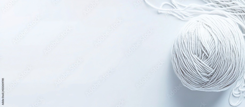 Obraz premium White yarn ball on white background, strands trailing, crafting concept