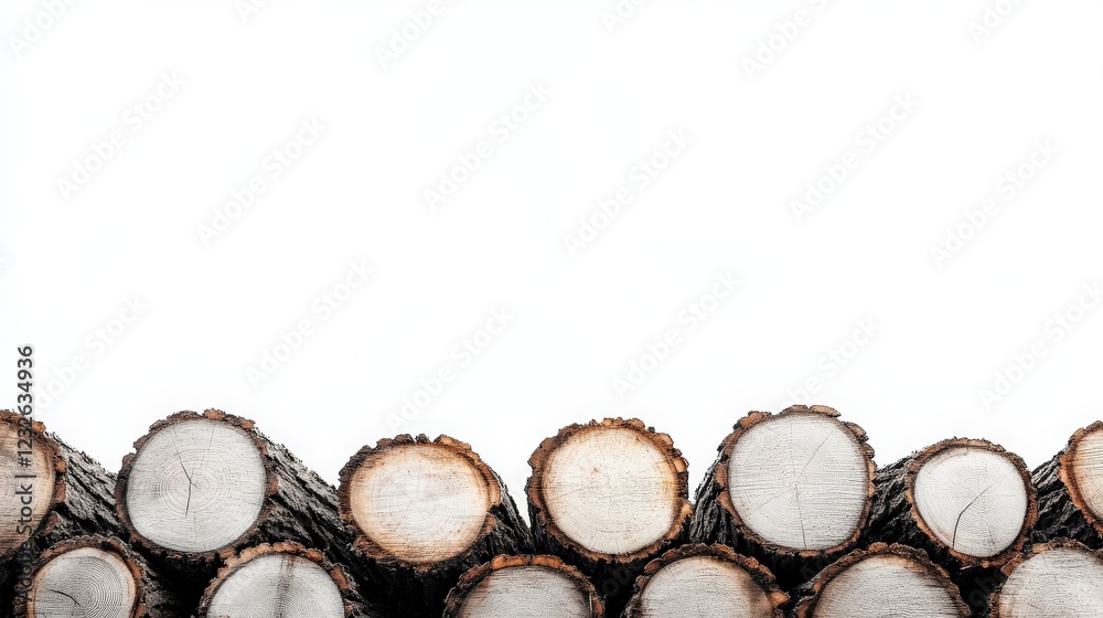 Stacked tree logs on a white background showcasing natural wood textures and patterns