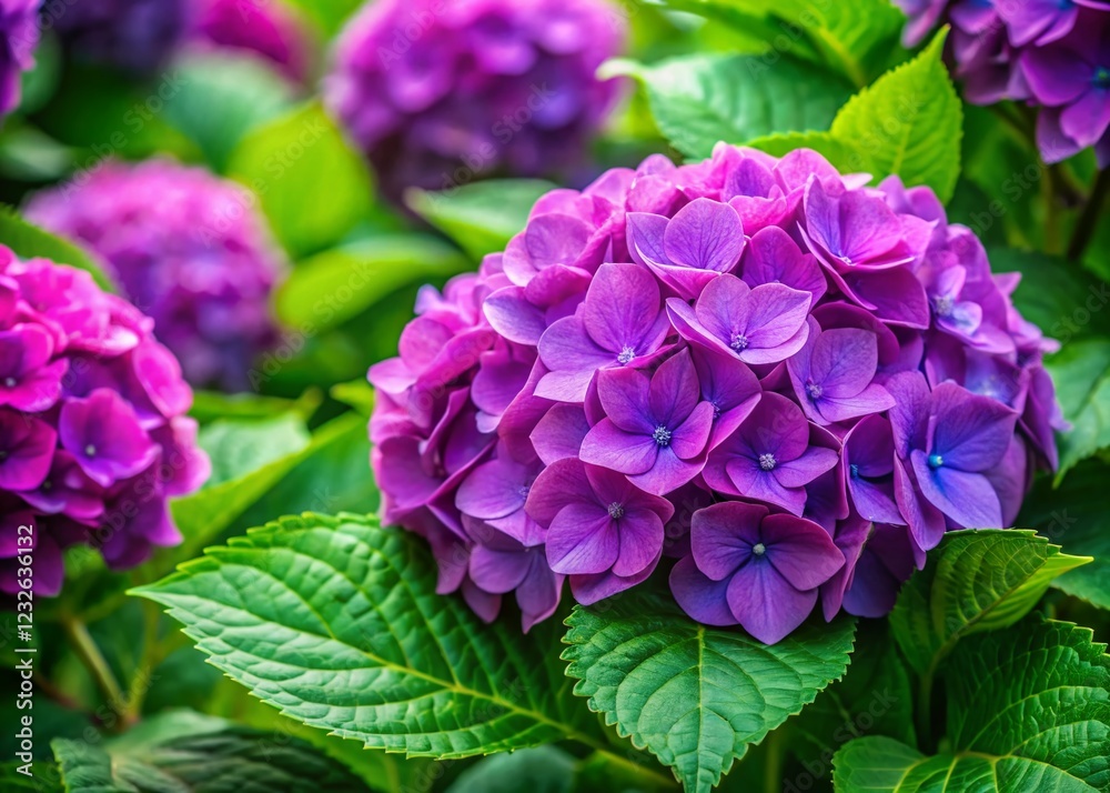 Panoramic Purple Hydrangea Blooms with Lush Green Leaves - Creative Banner with Copyspace Panoramic Purple Hydrangea Blooms with Lush Green Leaves - Creative Banner with Copyspace