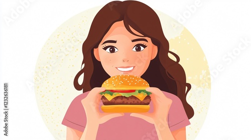 Cheerful cartoon woman enjoying a burger in flat vector illustration