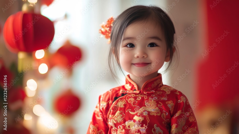 Smiling Toddler Girl in Red Festive Dress Against Red Lanterns Smiling Toddler Girl in Red Festive Dress Against Red Lanterns