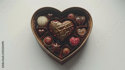 A heart-shaped box of chocolates with intricate details on the packaging, placed on a white background