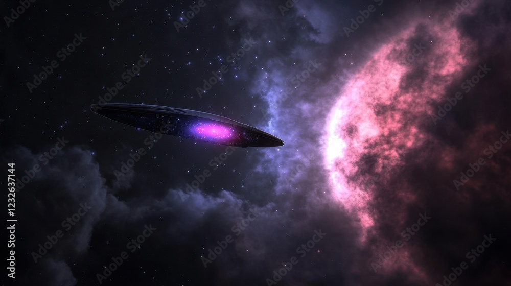 Fototapeta premium Mysterious Spaceship Above Colorful Cosmic Clouds in Outer Space