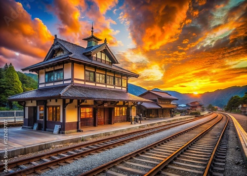 Panoramic Sunset over Hida Furukawa Train Station, Gifu, Japan photo