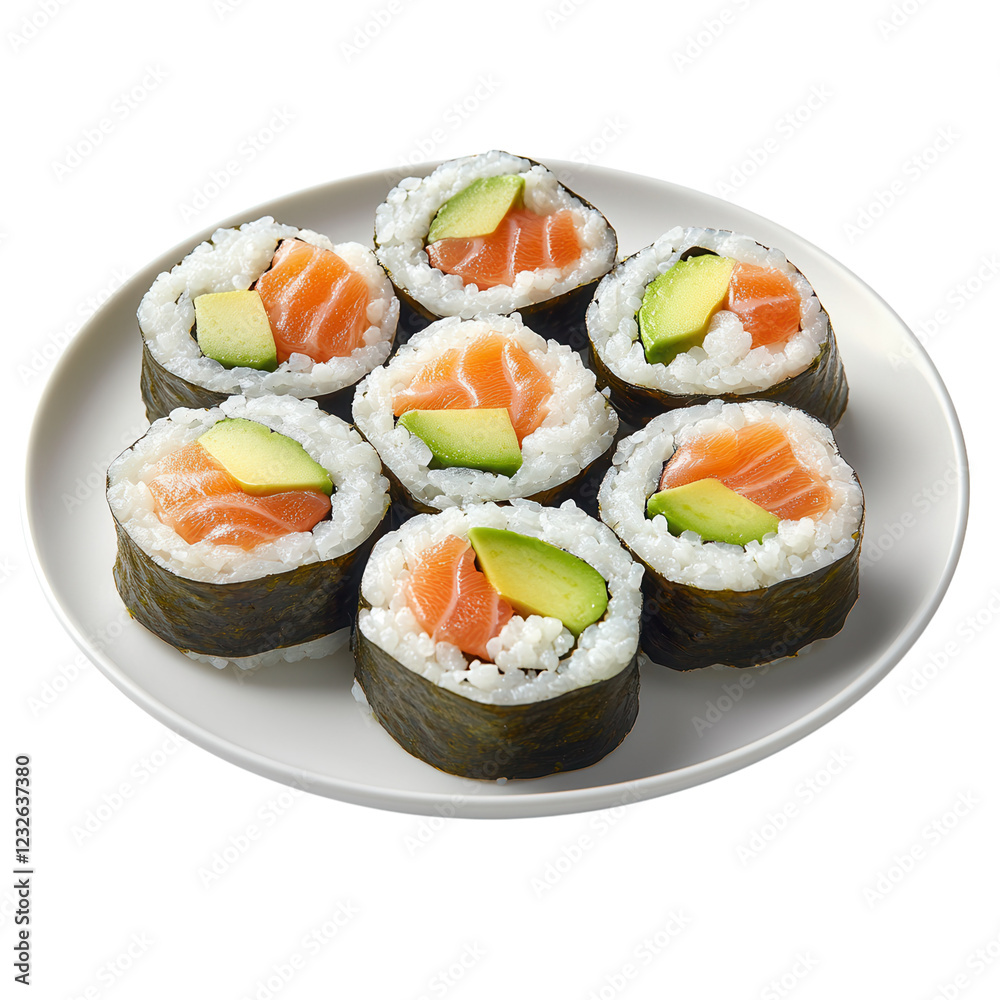 A beautifully arranged plate of sushi rolls with fresh fish and rice. png transparent A beautifully arranged plate of sushi rolls with fresh fish and rice. png transparent