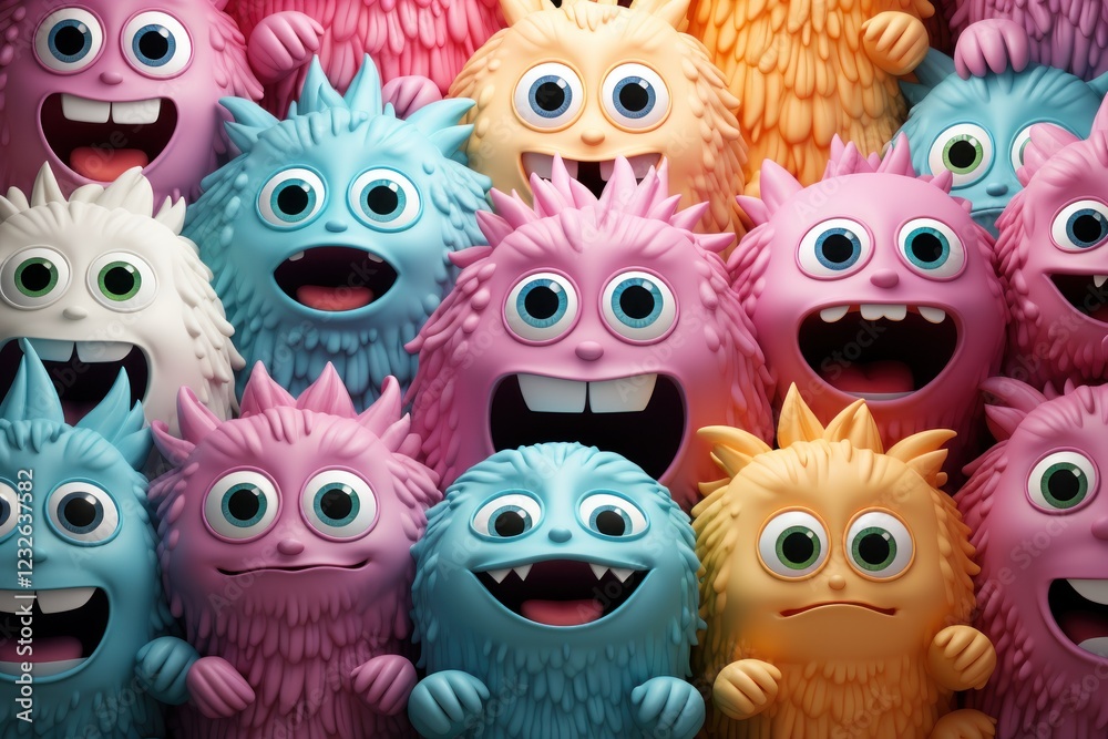 Fototapeta premium Happy fluffy monsters crowd cheer; 3D render, digital art, kids