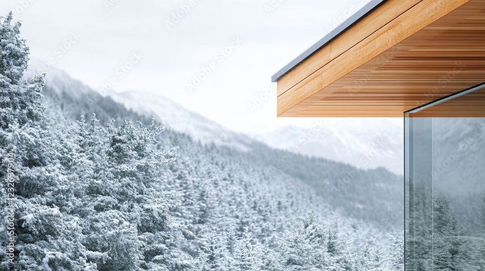 Fototapeta premium Modern wooden house, snowy mountains view, winter landscape, architectural design