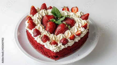 A heart-shaped red velvet cake topped with cream and strawberries on a white background