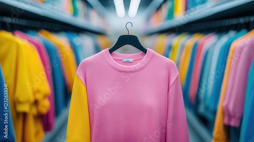 E-commerce+success story. Colorful clothing display with a focus on a pink sweater in a store.