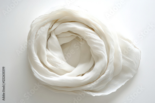 A plain white cotton scarf rolled into a circle on a bright white surface photo