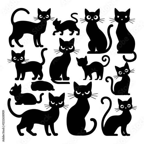 Set of black cat silhouettes.