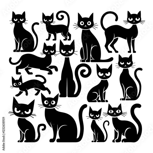 Set of black cat silhouettes.