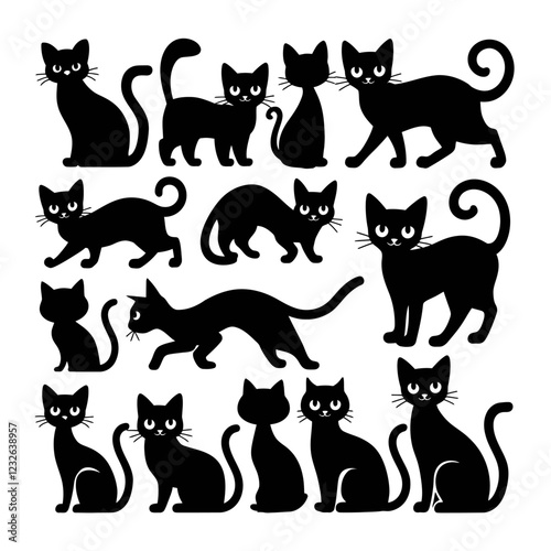 Set of black cat silhouettes.