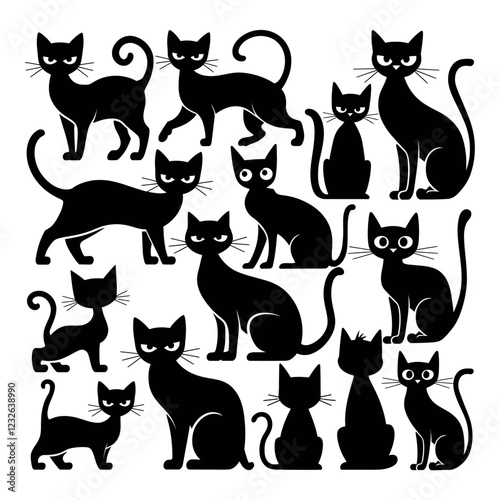 Set of black cat silhouettes.