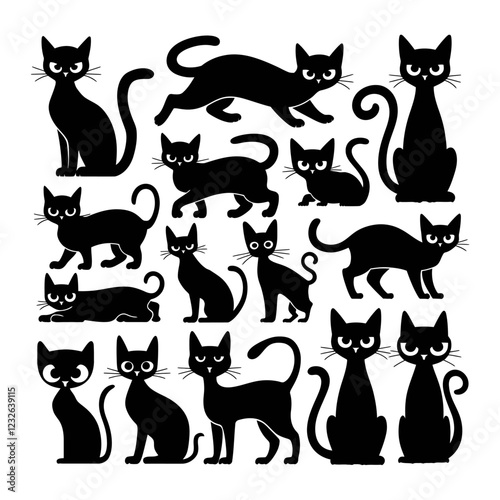 Set of black cat silhouettes.