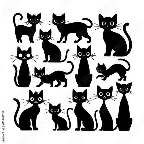 Set of black cat silhouettes.