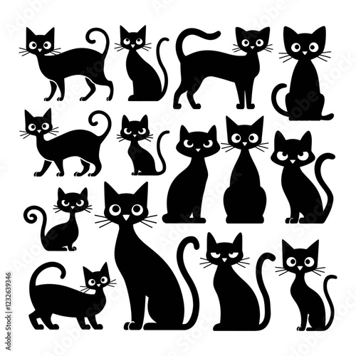Set of black cat silhouettes.