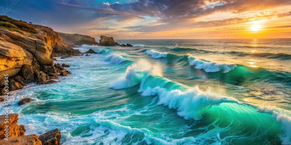 Fototapeta premium Turquoise ocean waves crashing against a rugged coastline at sunset, water, sunset, water