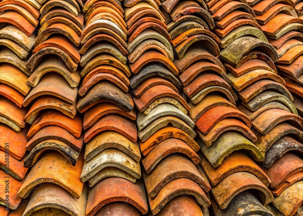 Panoramic View of Old Terracotta Roof Tiles Removed from French Gite Panoramic View of Old Terracotta Roof Tiles Removed from French Gite